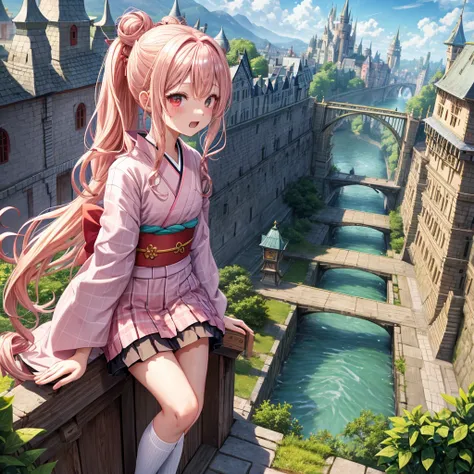 Pink Blonde、Red eyes、Wavy Hair、Hair tied up、Two cute、Checked mini skirt、kimono、Light clothing、Knee-high socks、Teeth are visible、Monster Castle、Tilting face、grass、In front of the city gates、Underground tunnels、Iron suspension bridge、The stone is cracked、Gia...