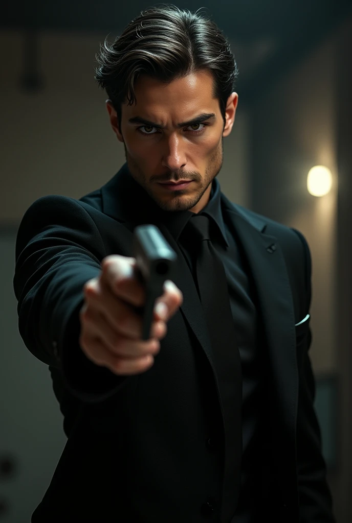 Young man with brown eyes in a black suit holding a gun 