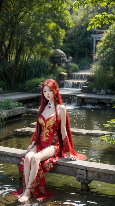 garden,Small bridge and flowing water,red phoenix woman,Flowing long red hair,Eichhornia,Present beauty,Elegant,Large Breasts,Present beauty的身材,Wearing a red phoenix costume,Sitting on the board,Solo Phoenix Guzheng.High resolution, masterpiece, best quali...