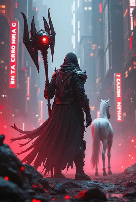 Dark_Fantasy, Cyberpunk, (Fang Tian Painting Halberd, White Horse, Red: 1.1), 1 Man, Mechanical Marvel, Robot Existence, Cybernetics Guardian, Beauty