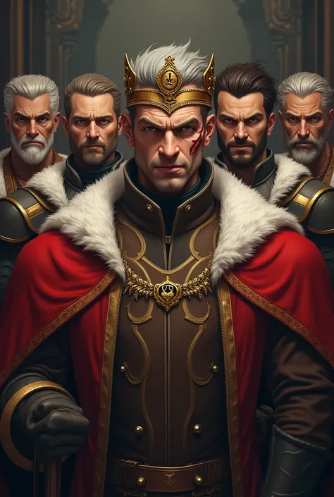 4 man, rey, wearing noble clothes with a crown with the letter A on the front, cicatriz que vai do olho direyto até  o canto esquerdo do labio, gray hair, beautiful appearance,  rectangular face and expression of a tyrant