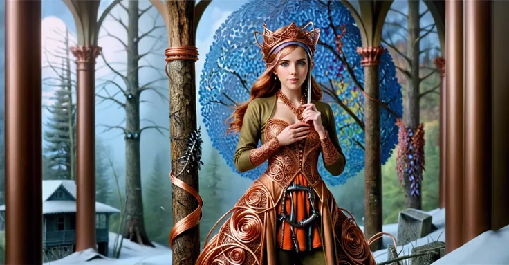 Steampunk Inspired Elven Princess. Copper Wire Necklaces & Bangles. Crown Of Fine Copper Wire. Copper Coloured Tatoos Cover Her Face And Body Intricate & Beautiful Designs. Hands On Hips. Ember Colored Eyes. Pure White Dress, Hemmed With Copper, Covered In...