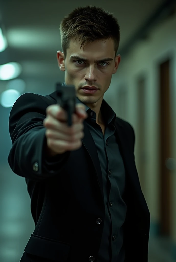 Young man brown hair green eyes black suit holding a gun 