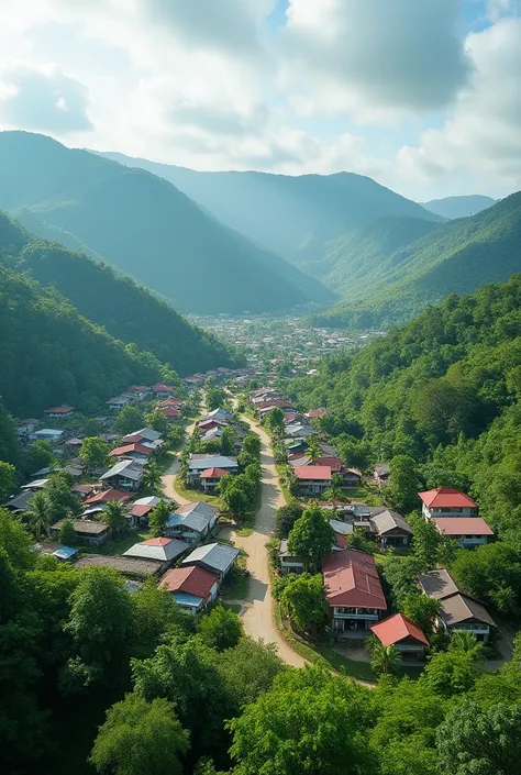 Mountains and hills in a small barangay with buildings and resorts
