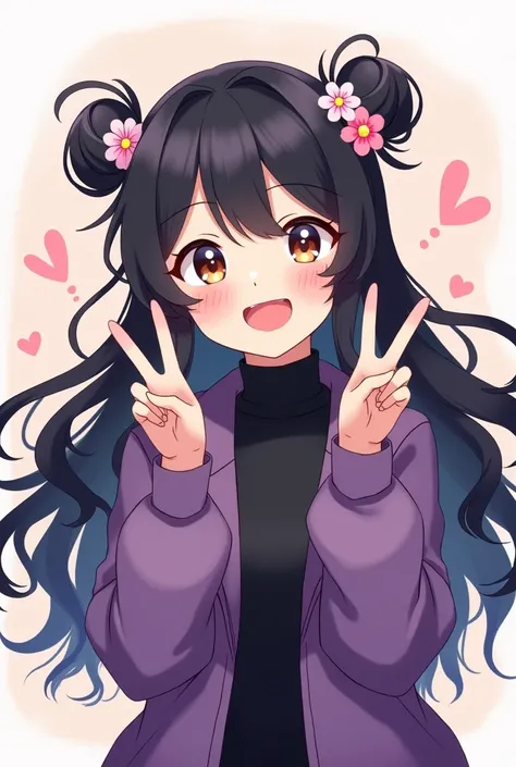 Create an anime-style illustration of a cheerful teenage girl making a double peace sign with both hands. She has long, wavy, dark hair styled in two small buns with flower accessories. Her expression is lively and happy, with beautiful, bright, upturned (...