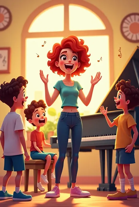 Cartoon of singing lessons with a 2 teacher, She is a redhead with short hair, Her hair is curly , She is with her students, a  and a  and another girl, There is a piano and they are vocalizing. 