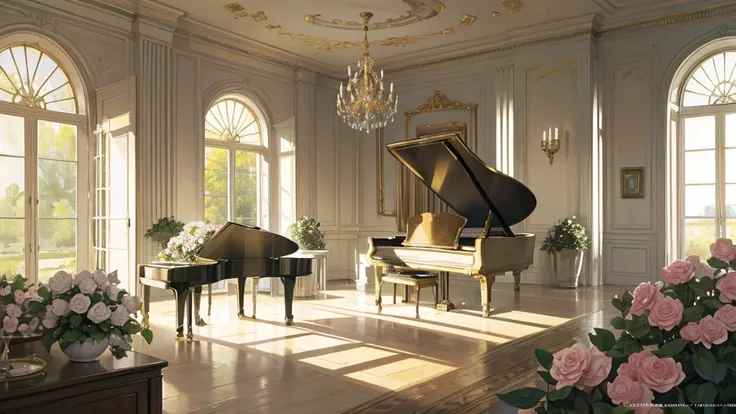 "An illustration that matches the elegance of classical music. A grand room with a large window, European-style, where a quiet piano plays. Outside, a garden in full bloom, with soft afternoon sunlight streaming in. The room is furnished with antique furni...