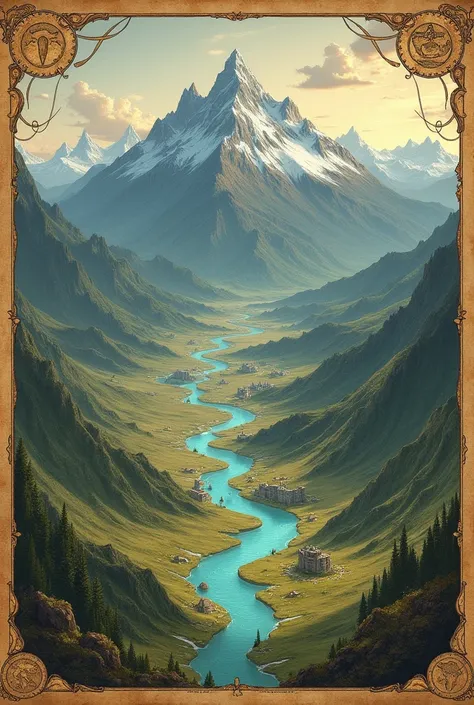 Create a magical map with a big mountains in middle top of the map and name that mountain as avali and create water flowing from that mountain  create this on an ancient map