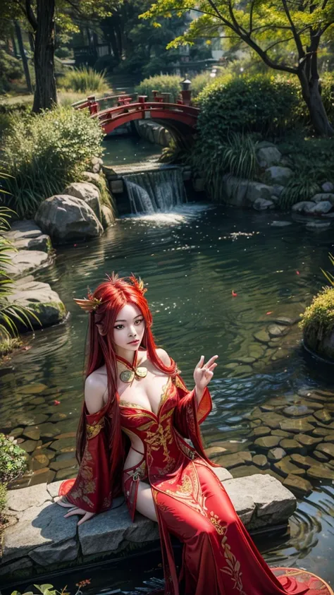 garden,Small bridge and flowing water,red phoenix woman,Flowing long red hair,Eichhornia,Present beauty,Elegant,Large Breasts,Present beauty的身材,Wearing a red phoenix costume,Sitting on the board,Solo Phoenix Guzheng.High resolution, masterpiece, best quali...