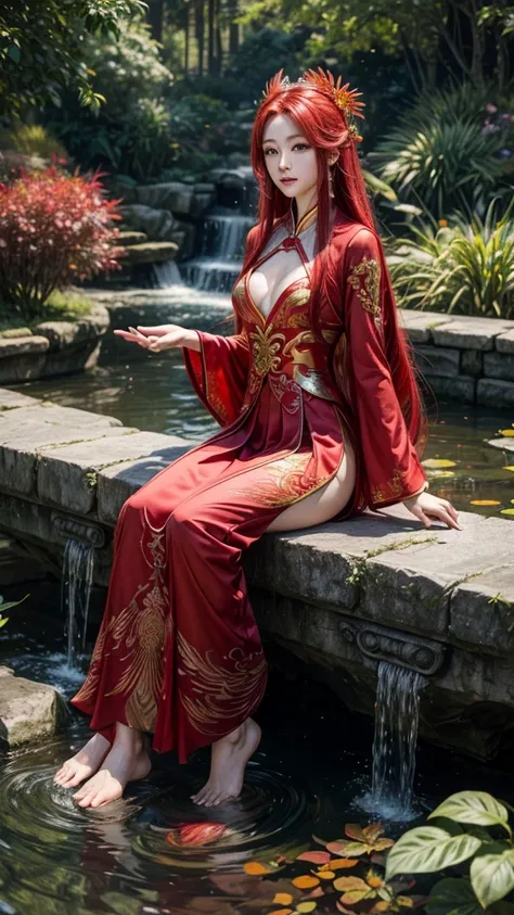 garden,Small bridge and flowing water,red phoenix woman,Flowing long red hair,Eichhornia,Present beauty,Elegant,Large Breasts,Present beauty的身材,Wearing a red phoenix costume,Sitting on the board,Solo Phoenix Guzheng.High resolution, masterpiece, best quali...