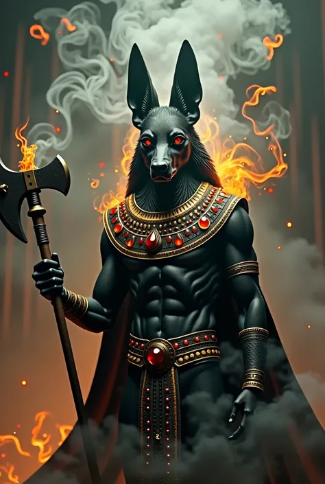 anubis,gold collar with red gemstones,smoke axe,haunting shadows,ethereal spirits,best quality,4k,8k,highres,masterpiece:1.2,ultra-detailed,realistic,photorealistic,photo-realistic:1.37,studio lighting,extreme detail description,professional,vivid colors,s...