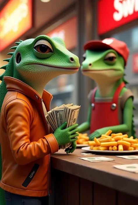 A realistic lizard with an earring and an orange jacket buying French fries at the snack bar named CALANGO&#39;S, with lots of money in hand and with water in the mouth . The seller is a realistic lizard with a red apron and cap

