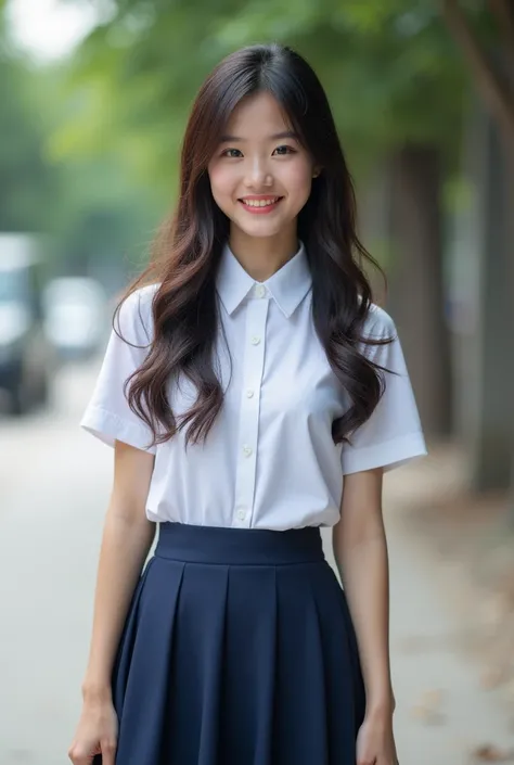 1 beautiful female student, a 1 Thai female student, wearing a high school uniform, standing for a photo, smiling beautifully. 