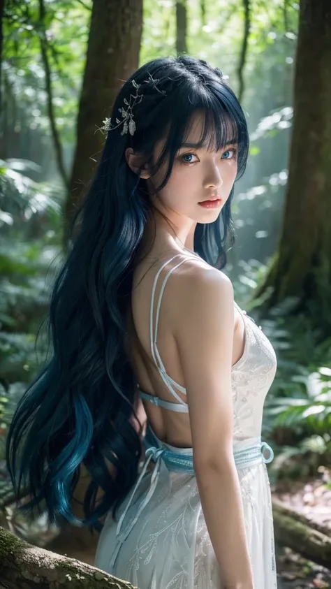 In a dark, dense forest filled with towering trees and mist, a fierce female warrior is locked in combat with a monstrous creature. She has flowing, long blue hair that cascades down her back, matching her piercing blue eyes that shine with intensity. Her ...