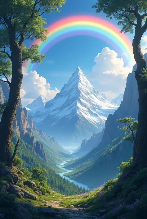 Create a fantasy world landscape with a rainbow in the background,