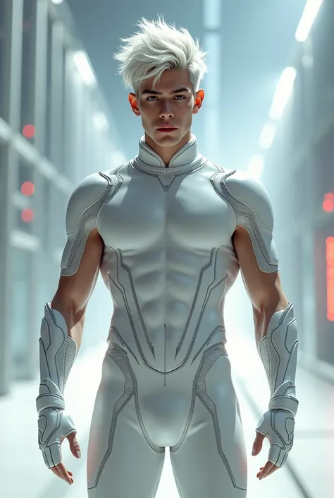 Full body photorealistic handsome hunky young slender futuristic male hero with messy white hair wearing a white costume and wristbands that can phase through walls,,super Bulge. 