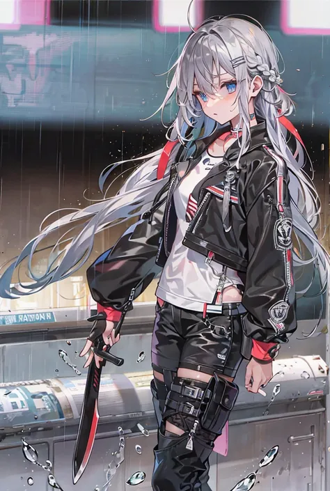 Punk clothing,knife,Shiny Hair, Side braids, Wet Hair, Medium Hair, Silver Hair,Slanted Eyes, Simple Background, Scar on cheek, Highest quality, Textured skin, 