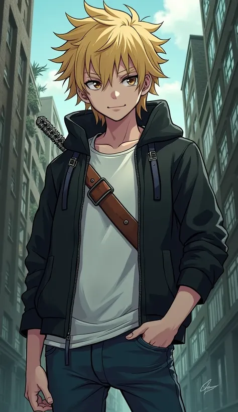 "Create an anime-style illustration of Denji from Chainsaw Man. He has messy blond hair, a casual outfit with a black jacket and jeans, and a chainsaw blade protruding from his chest. Capture his determined expression, set against a gritty urban background...