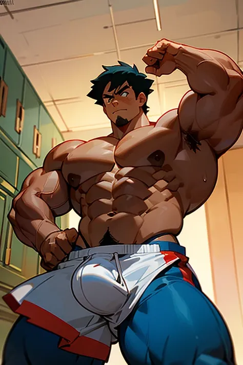 Ash Ketchum from Pokémon anime as a big dumb teenage muscular bodybuilder jock in a locker room flexing and staring blankly with mouth gaping open as his eyes glow under hypnosis as he repeats, "Big ... dumb ... big ... dumb... All I become, just big and d...