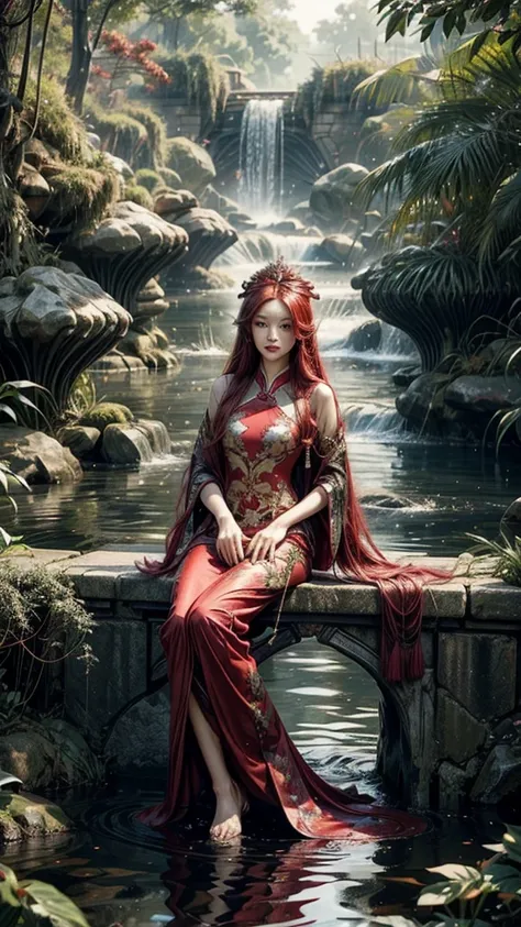 garden,Small bridge and flowing water,red phoenix woman,Flowing long red hair,Eichhornia,Present beauty,Elegant,Large Breasts,Present beauty的身材,Wearing a red phoenix costume,Sitting on the board,Solo Phoenix Guzheng.High resolution, masterpiece, best quali...