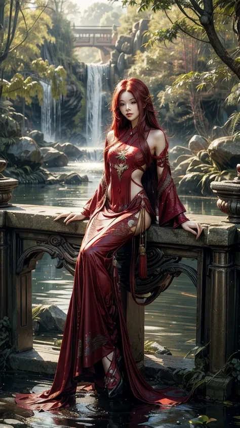 garden,Small bridge and flowing water,red phoenix woman,Flowing long red hair,Eichhornia,Present beauty,Elegant,Large Breasts,Present beauty的身材,Wearing a red phoenix costume,Sitting on the board,Solo Phoenix Guzheng.High resolution, masterpiece, best quali...