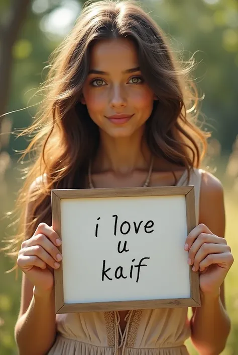 Beautiful girl with wavy long hair, bohemian dress, holding a white board with text "I Love u kaif" and showing it to the viewer