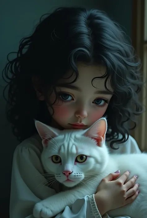 Black Curly haired girl with a white cat in dark theme wallpaper 