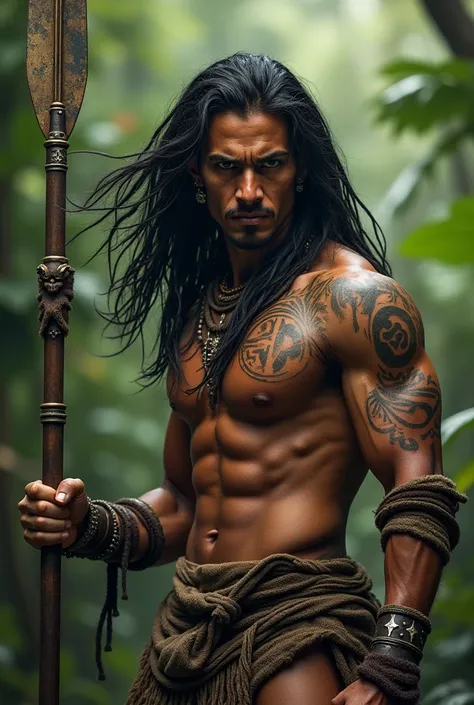 A Brazilian indigenous warrior in a fighting stance with a spear in his left hand, black hair, body with graphics and studs on his lip and ears.