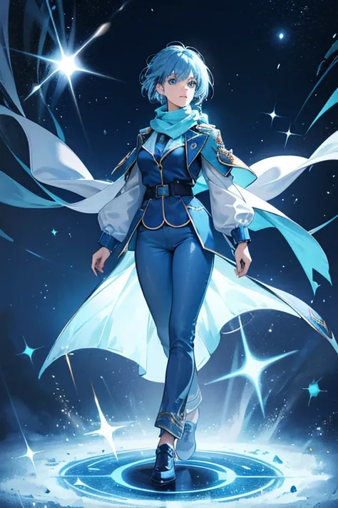 she wears a blue jacket with light blue sleeves. sHe is wearing a light blue cape. sHe is wearing dark blue pants and blue shoes. sHe has blue hair. But what most characterizes her is her light blue scarf with dark blue. SPARKLE; GLITTER