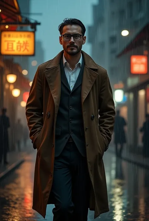 Maximum quality, Great optimization, (a guy), brown overcoat, white undershirt, black pants, a glasses, hands in pants pocket, smiling evilly but with a kind face, walking in street, Anoite, It&#39;s raining rain