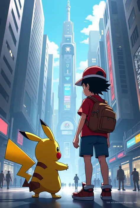 Pikachu with Ash in a futuristic city looking for artificial Pokémon to hunt them and trap them in the Pokeball and stop Team Rocket&#39;s domination. 