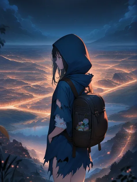 score_9, score_8_up, score_7_up, score_anime, masterpiece, top quality, delicate illustration, sharp lines, sharp focus, BREAK, a traveling girl wandering in the endless night world, the girl wears a hood and has a lot of stuff in her backpack, night , fan...