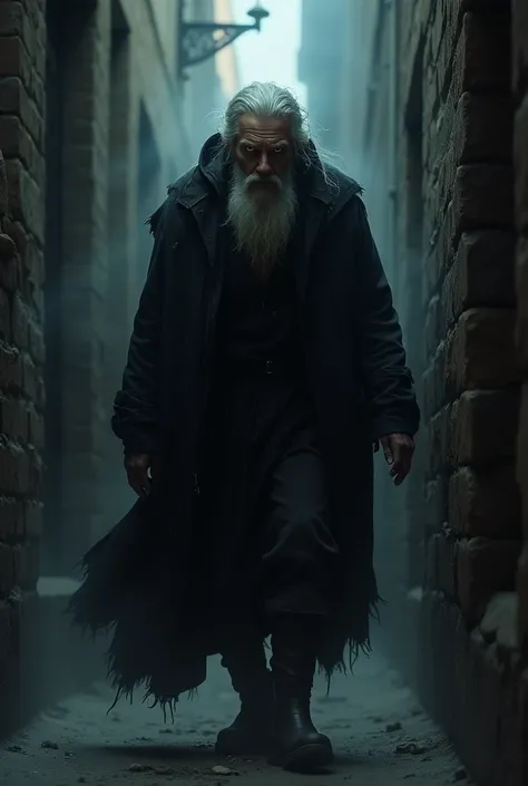 A mysterious old man, avec des cheveux gris et des yeux perçants, portant une cape en lambeaux, emerging from a dark alley.