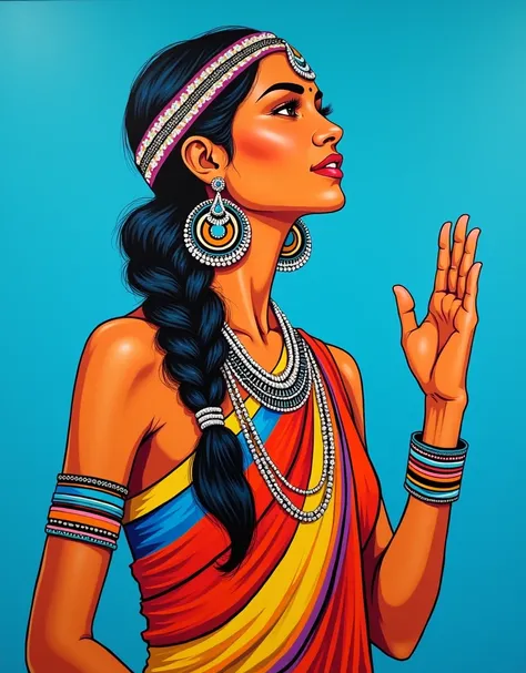 Portrait of a vibrant Indian tribal woman with medium breasts in traditional attire. Colorful painting in a poster color and acrylic colors on a white chart with bold outlines. The woman has dark hair in a braid, adorned with a beaded headband. She wears l...