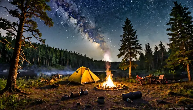 A makeshift camp in an open field, next to a dense forest. In the center, a still smoking fire, with leftover food around it. A small tent is set up, with the door ajar. The night sky is full of stars and a full moon illuminates the scene. A winding river ...