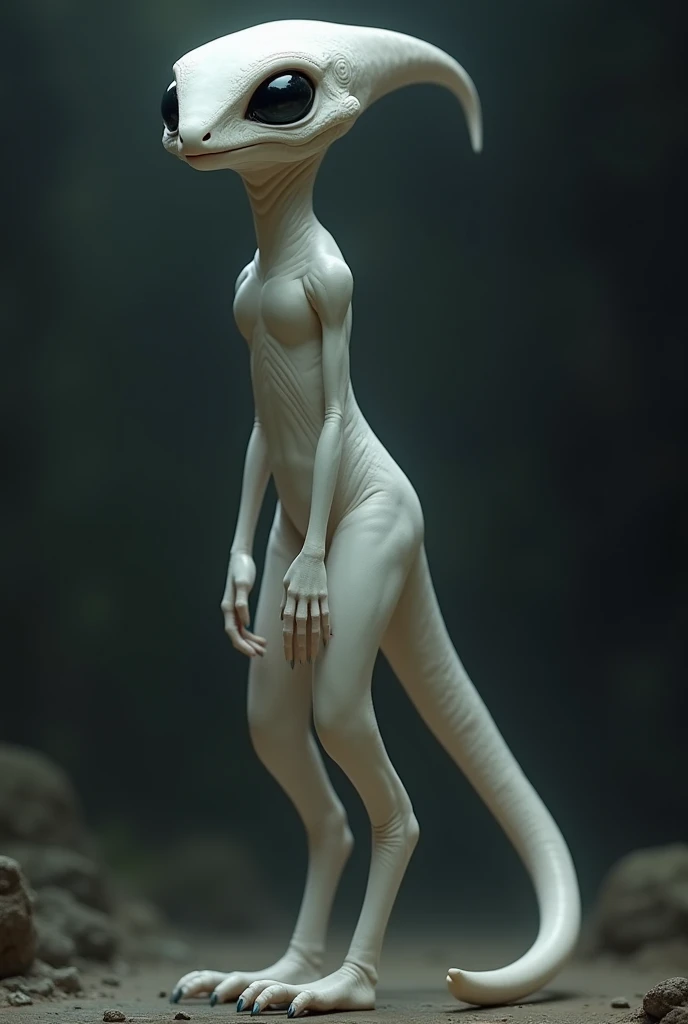 Create a white alien, with a long tail, that looks like a velociraptor and has black eyes