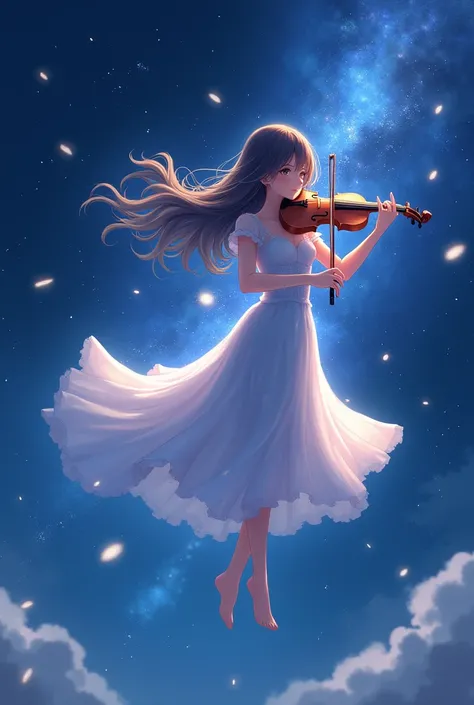 An anime woman flying in the night sky playing the violin and around her are lights