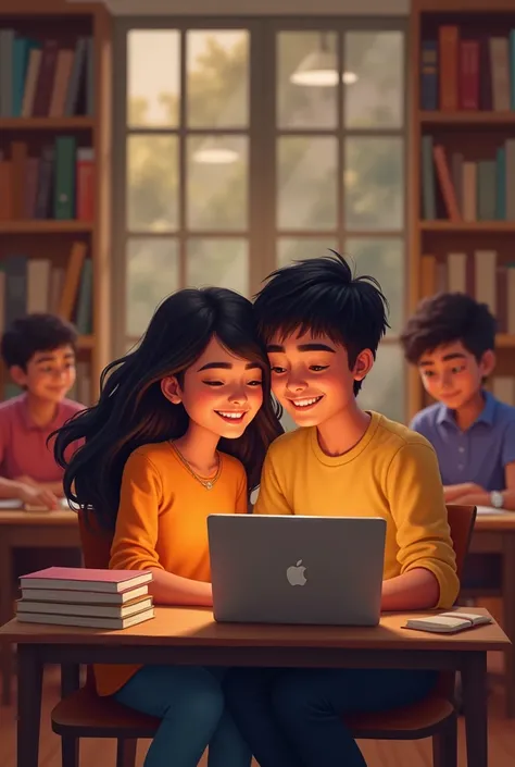 Aditya and Priya’s Growing Friendship:
"Priya and Aditya sitting together in the college library, laughing over something on a laptop. The atmosphere is light and friendly. Meanwhile, Aniket watches them from a distance, his face showing signs of jealousy ...