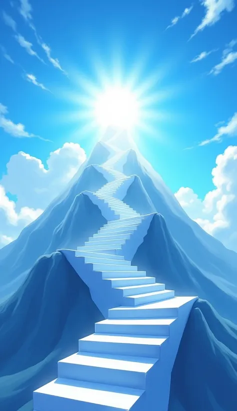 The image is a digital illustration of a staircase leading up to the top of a mountain. The staircase is made up of white steps that lead up to a bright light that is shining through the clouds. The sky is a deep blue with white clouds scattered throughout...