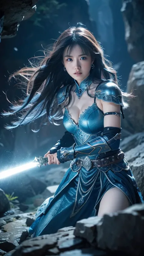 “On the edge of a towering cliff, a fierce female warrior is locked in a tense battle with a monstrous creature. Below her, the vast chasm stretches into the abyss, with rocky formations jutting out dangerously. She has long, flowing blue hair that whips i...