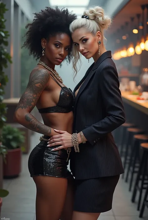 Two russian old milf women: the dominant aggressive dark skinned  black woman in business pinstripe cropped blazer, pinstripe pencil skirt and white silk blouse, long nails and afro hair, standing up with separated legs and possessive stance showing off he...