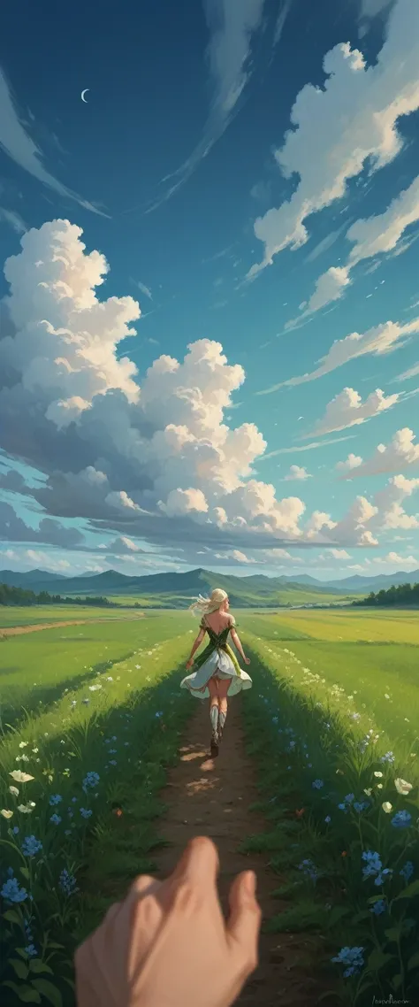 POV elf girl running looking back while smiling, with hand extended back, In the background is a green field with a blue sky and beautiful clouds