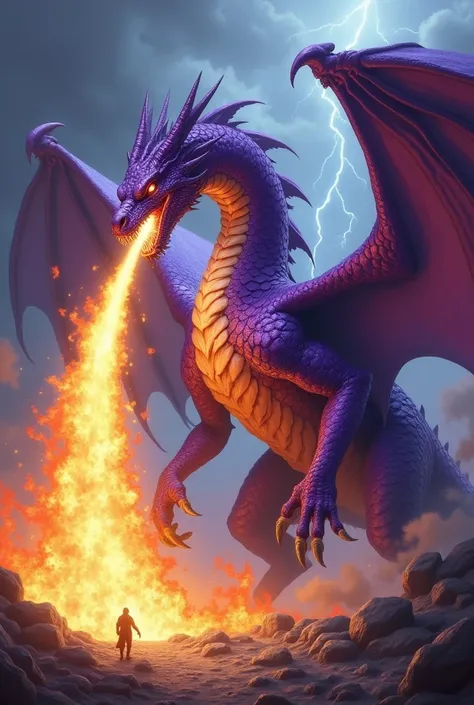 A large purple dragon breathing fire