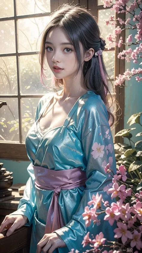 Add to_detail:2,1 Girl,detailed face,Princess,Taoism),flower, Platycodon ,Light pink and light blue style, Dreamy and romantic composition, light pink, ethereal foliage, Interesting arrangement,fantasy, High contrast, 墨迹Brushstrokes, explode, Overexposure,...