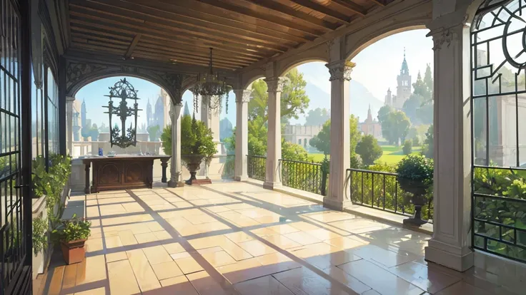 The garden view from the European-style room with beautiful classical music, ultra-detailed, super-detailed, 4K, 8K,