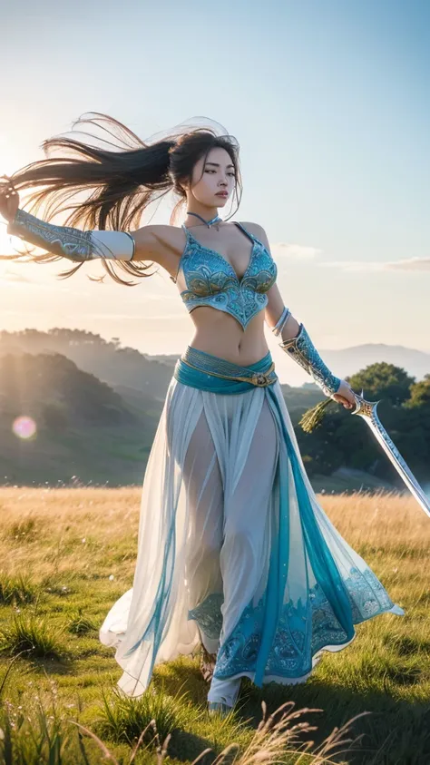 “In the midst of an expansive, windswept grassland under a wide-open sky, a fierce female warrior is performing a powerful dance with her massive blue sword. Her long, flowing blue hair moves gracefully with each of her swift and fluid motions, while her i...