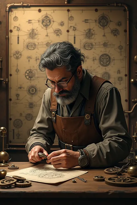 Classic steampunk watchmaker in front of a wall full of sketches 