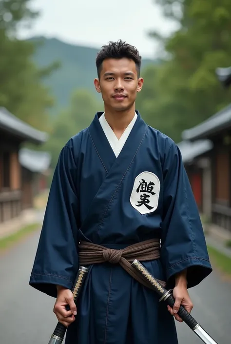 A man, around 2, short curly haired calcasian man without beard on a road in japan feldal, wearing a navy blue kimono with a white S in a shield symbol on the left chest of the garment, carrying Samurai swords, with a brave expression, but nice.