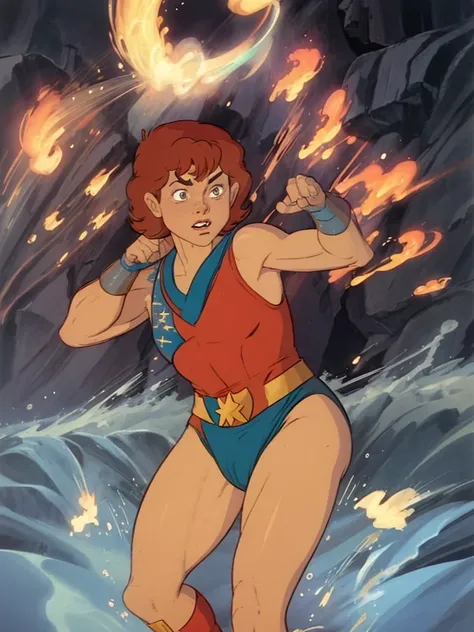 a redhead cartoon character, wonder woman outfit, very muscular, male wizard, 1980s cartoon, animated episode still, Presto (((mad))), ((Wears a wizard hat))