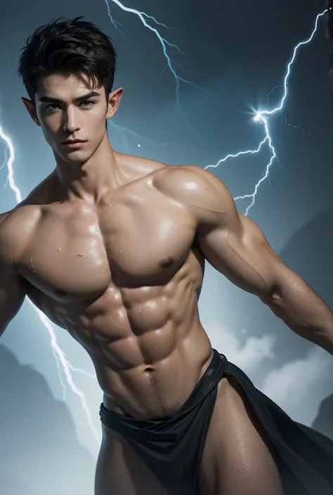 Absurdres, Masterpiece, Excellent, a tall muscular young man, solo, perfect facial features, (short hairstyle:1.5), sexy gaze, beautiful, gorgeous, wet, digital painting, (lightning wizard), slimming, elf, gray pupils, (floating ball of lightning), wizard ...